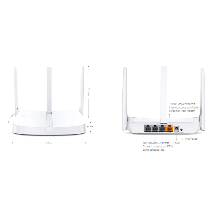 Безжичен рутер Mercusys MW306R, N 300 Mbps, 2.4GHz, 3 външни антени - 6