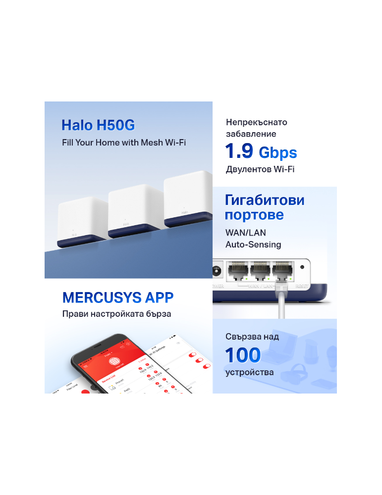 Безжична Wi-Fi Mesh система Mercusys Halo H50G (2-pack), AC1900, 2.4GHz 600Mbps, Вътрешни антени - 2