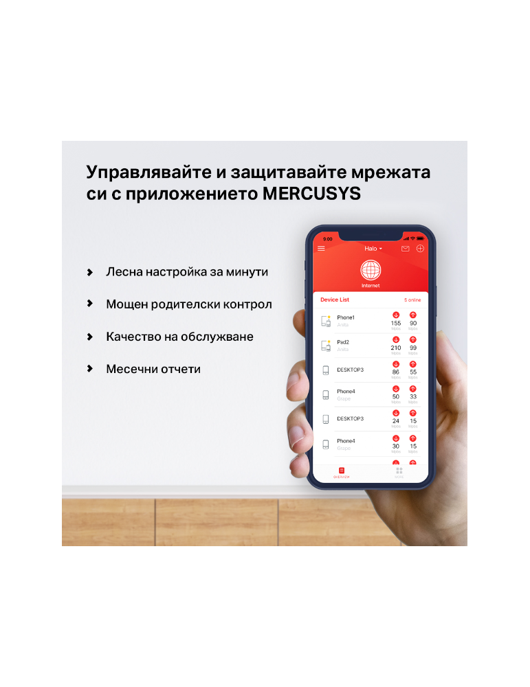 Безжична Wi-Fi Mesh система Mercusys Halo H50G (2-pack), AC1900, 2.4GHz 600Mbps, Вътрешни антени - 7