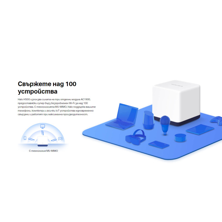 Безжична Wi-Fi Mesh система Mercusys Halo H50G (2-pack), AC1900, 2.4GHz 600Mbps, Вътрешни антени - 13