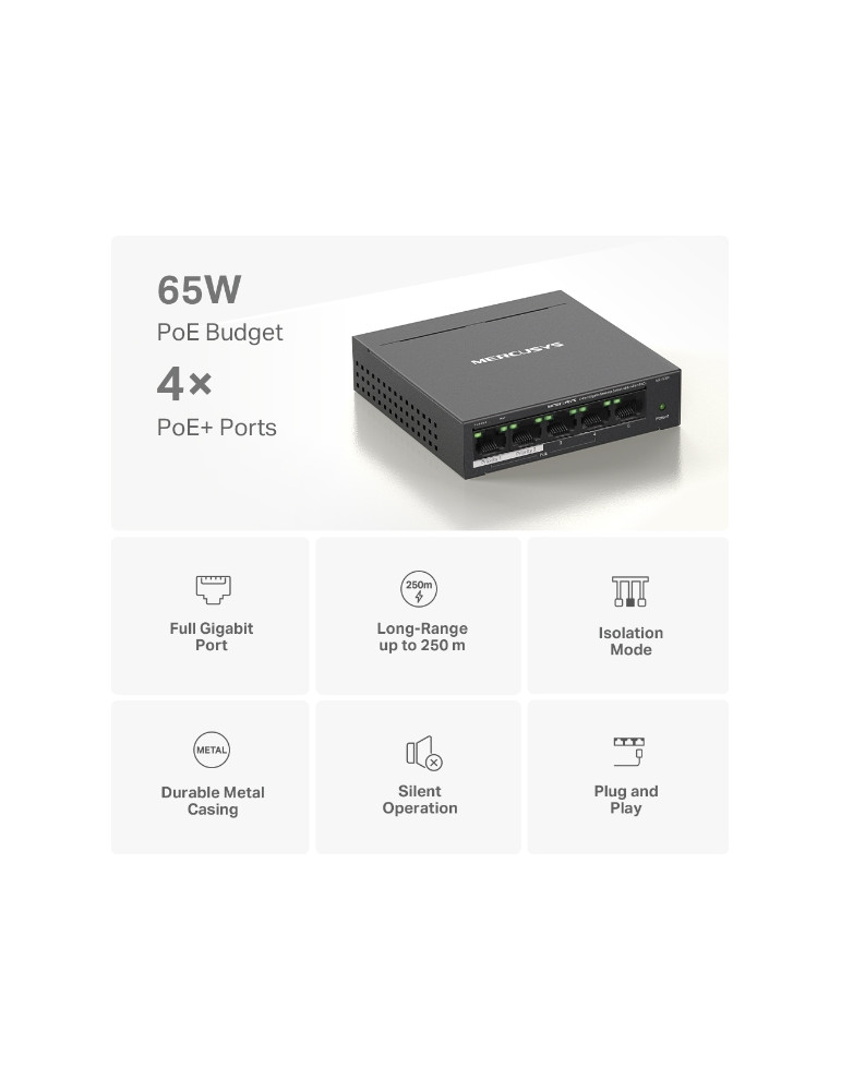 Мрежов комутатор Mercusys MS105GP, 5 портов, 4x PoE+ - 4