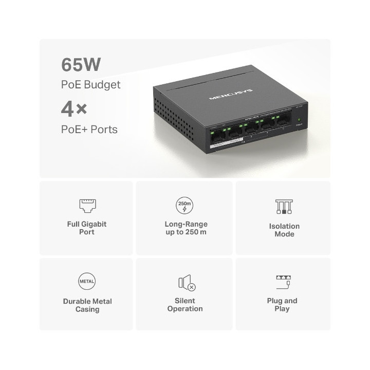 Мрежов комутатор Mercusys MS105GP, 5 портов, 4x PoE+ - 4