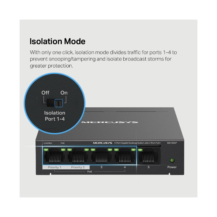 Мрежов комутатор Mercusys MS105GP, 5 портов, 4x PoE+ - 7