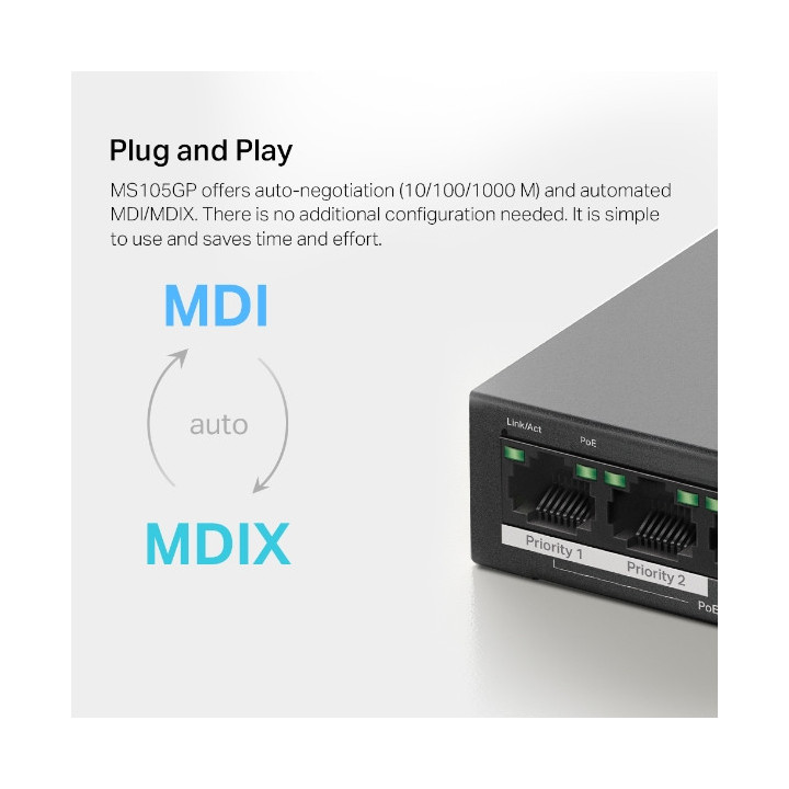 Мрежов комутатор Mercusys MS105GP, 5 портов, 4x PoE+ - 9