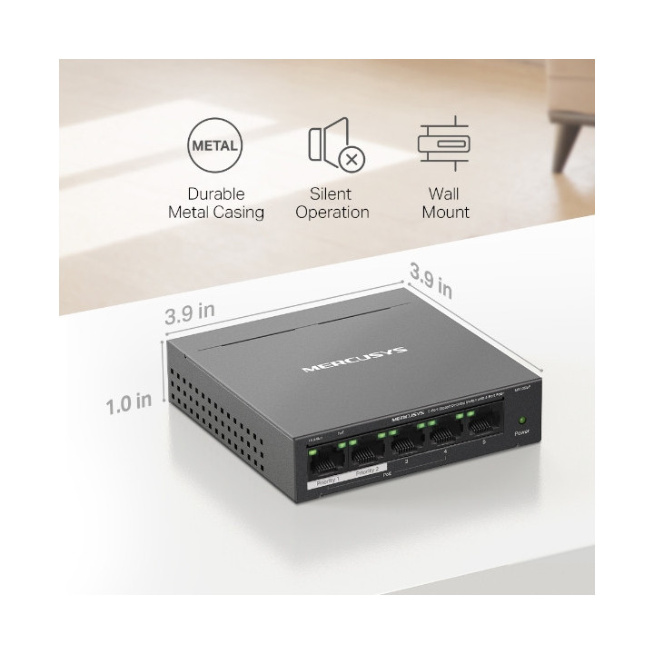 Мрежов комутатор Mercusys MS105GP, 5 портов, 4x PoE+ - 10