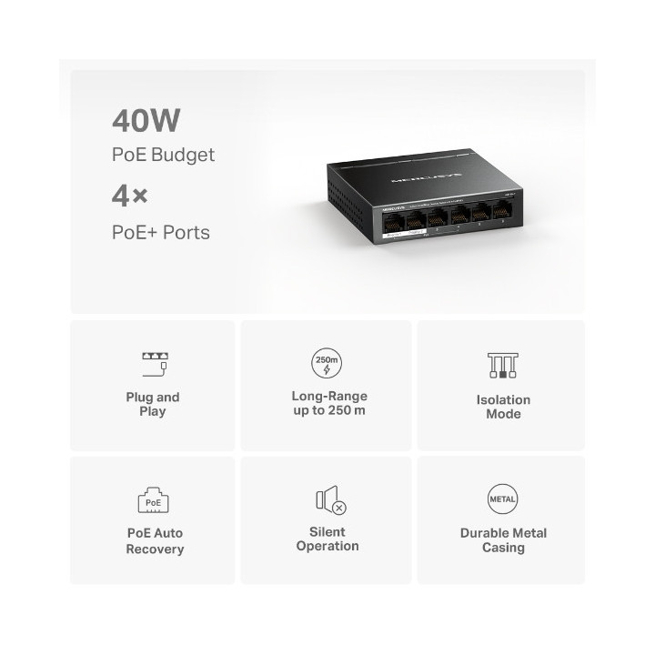 Мрежов комутатор Mercusys MS106LP, 6 портa 10/100 Mbps с 4 PoE+ - 4