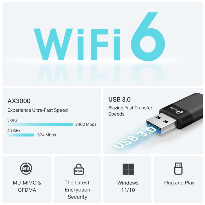 Безжичен USB адаптер TP-LINK Archer TX50U, Wi-Fi 6 AX3000 - - 2