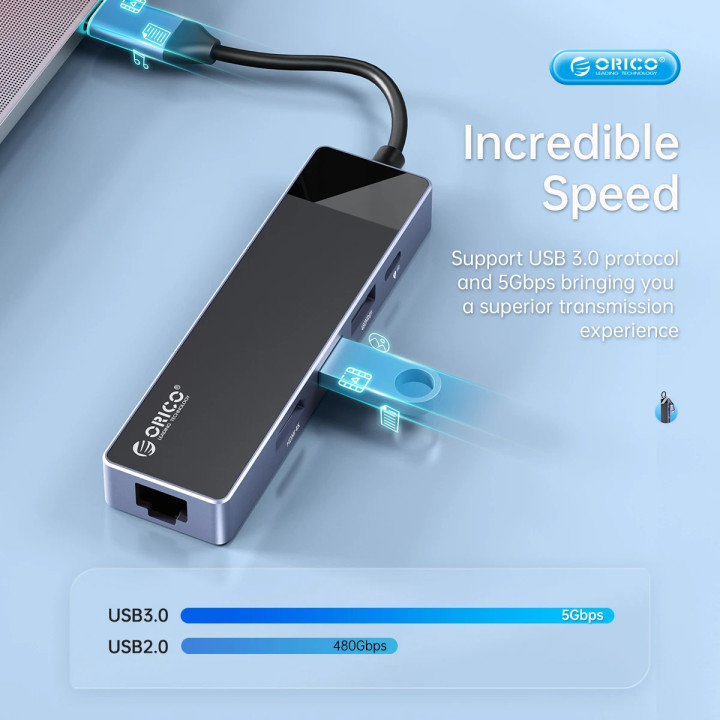 Докинг станция Orico DM-10P-BK-BP, Type-C, HDMI, USB-A x4, USB-C PD100W, LAN 1Gbps, SD/TF - DM-10P-BK-BP - 5