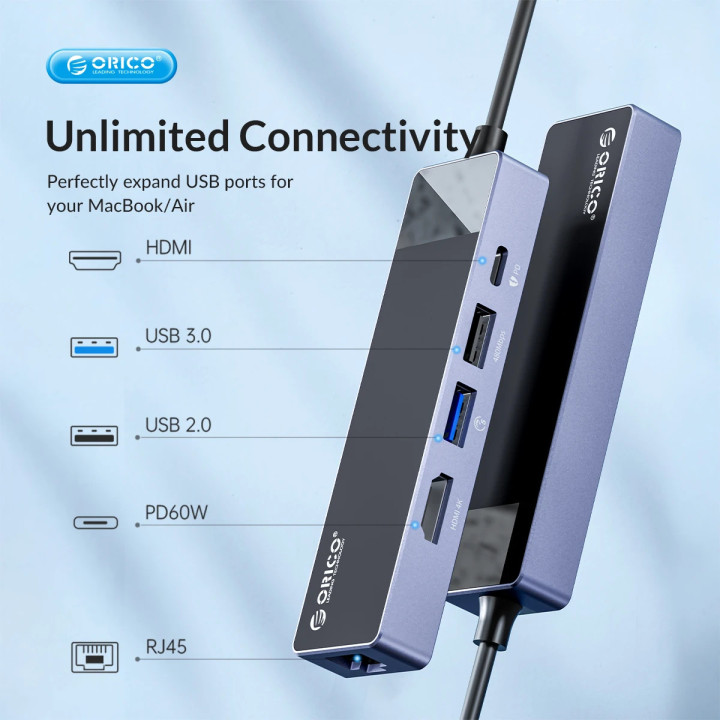 Докинг станция Orico DM-10P-BK-BP, Type-C, HDMI, USB-A x4, USB-C PD100W, LAN 1Gbps, SD/TF - DM-10P-BK-BP - 7
