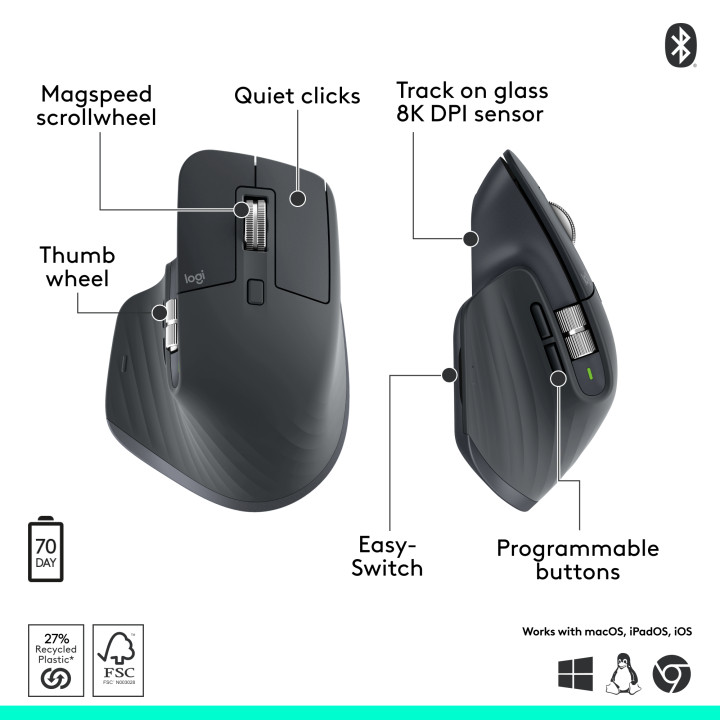 Безжична геймърска мишка Logitech MX Master 3S, Bluetooth, 8000 DPI, 7 бутона - 910-007501 - 8