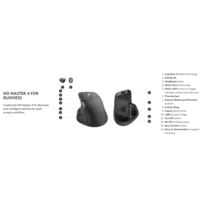 Безжична мишка Logitech MX Master 4 for Business, Graphite, 8000 DPI, Bluetooth/2.4GHz - 910-007617 - 1