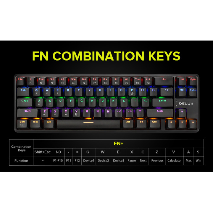Bluetooth механична нископрофилна геймърска клавиатура DELUX KM32, Brown switch, RGB LED, Bluetooth 5.0 - 3