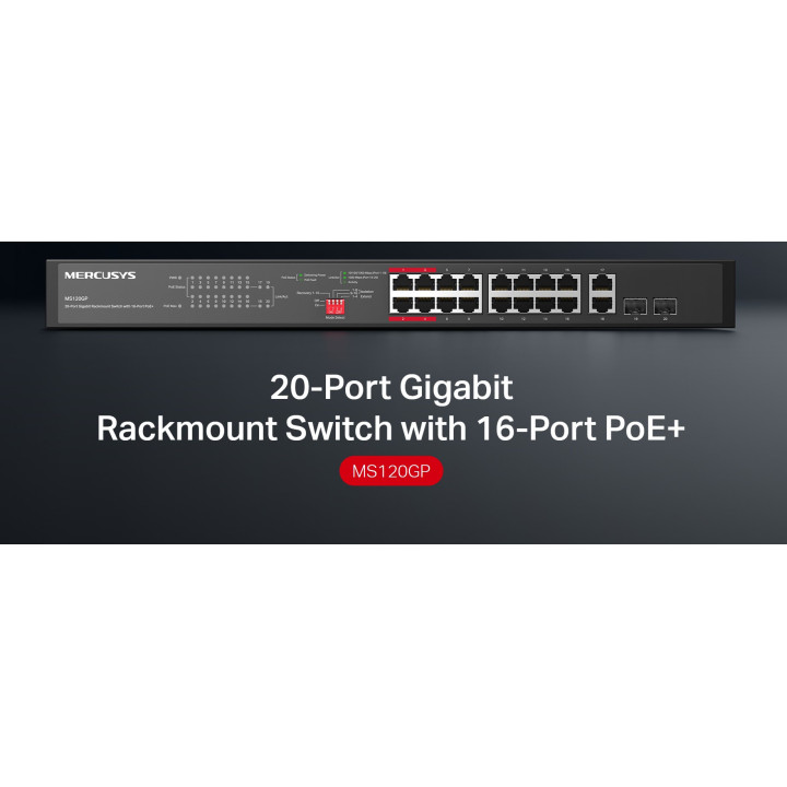 Мрежов комутатор Mercusys MS120GP, 20 гигабитни порта, 16 PoE+ порта - 2