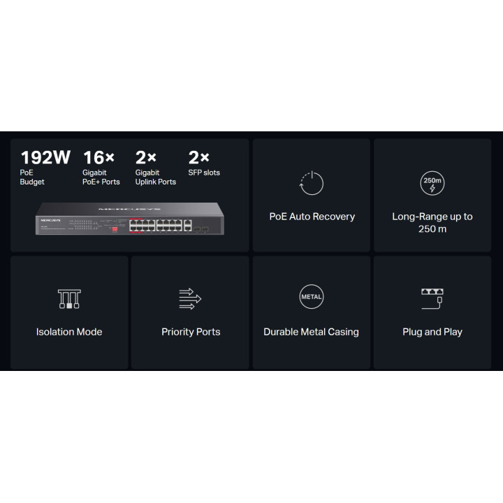Мрежов комутатор Mercusys MS120GP, 20 гигабитни порта, 16 PoE+ порта - 3
