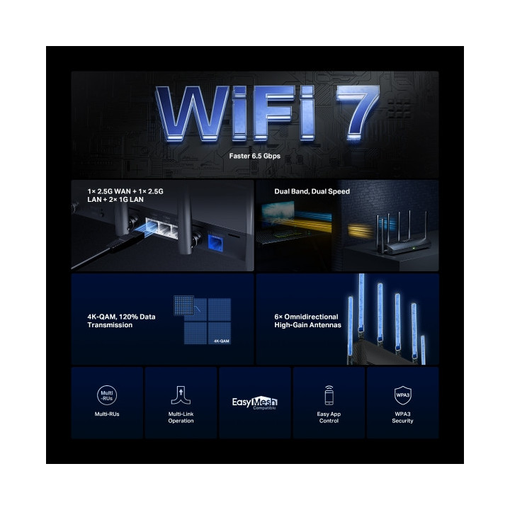 Wi-Fi 7 рутер Mercusys MR37BE, 2.4GHz/5GHz, 802.11be/ax/ac, 6 антени - 2