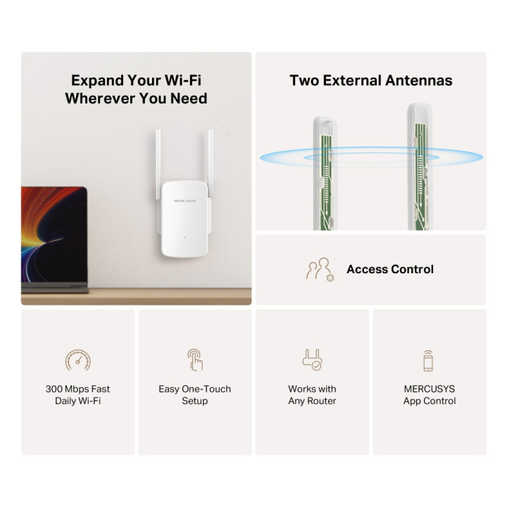 Wi-Fi удължител Mercusys ME12, 300 Mbps 2.4 GHz IEEE 802.11b/g/n - 2