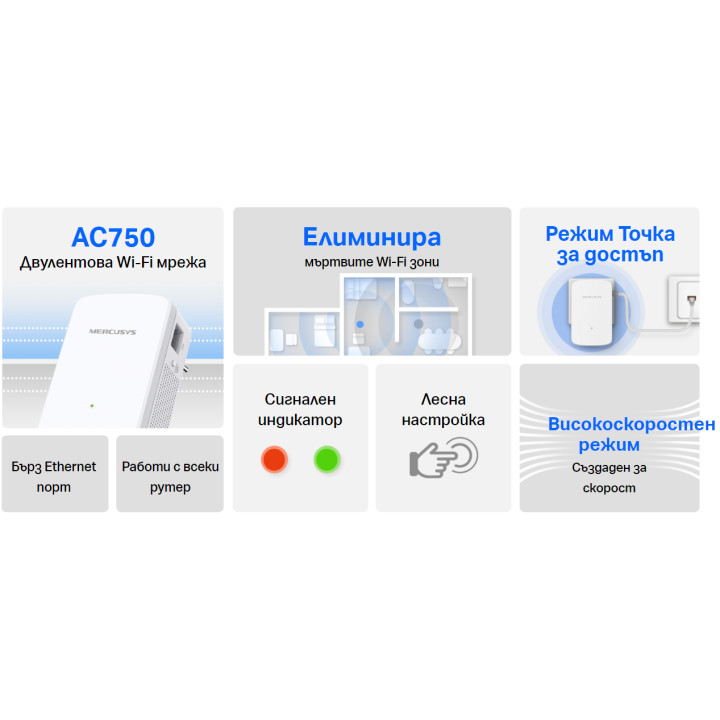 Удължител на обхват Mercusys ME20, 750Mbps, AC двубандова, 5GHz - 4