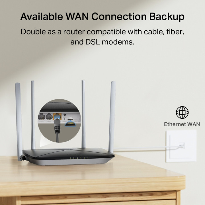 Безжичен рутер MERCUSYS MB135-4G, AC1200 Dual Band, 4G LTE, 3× LAN портове, 2× външни антени - 8