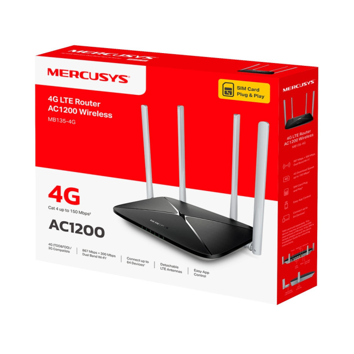 Безжичен рутер MERCUSYS MB135-4G, AC1200 Dual Band, 4G LTE, 3× LAN портове, 2× външни антени - 9