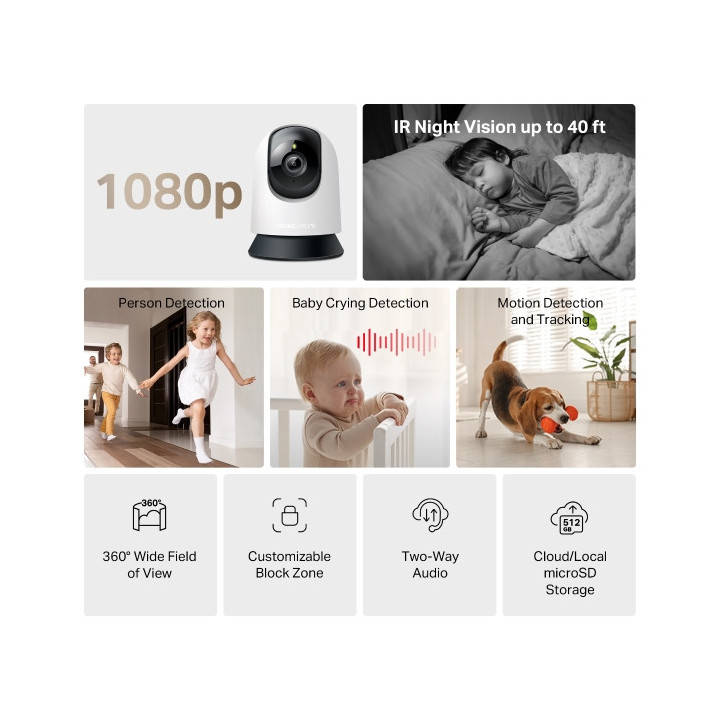 Домашна камера Wi-Fi Pan/Tilt Mercusys MC200, 1080p Full HD, вградена памет до 512GB -  - 2