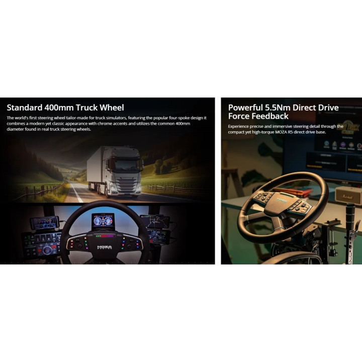 Геймърски волан MOZA Racing R5 Trucking Bundle, Черен, С кабел, PC съвместимост, Вибрации, Авиационна алуминиева сплав - RS071 -