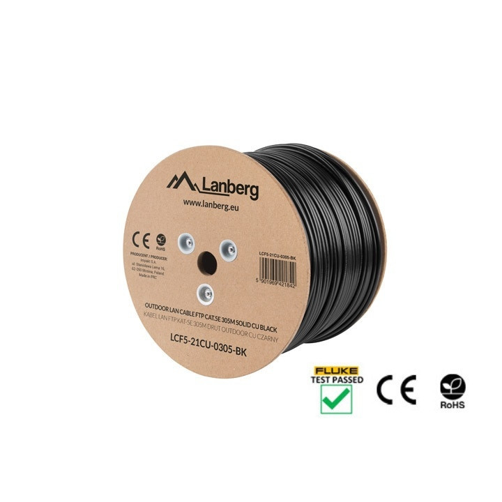 LAN кабел Lanberg Cat.5e F/UTP, 305m твърд външен CU черен - LCF5-21CU-0305-BK - 1