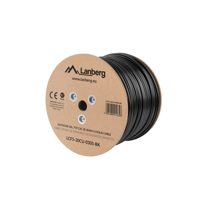 LAN кабел LANBERG FTP CAT.5E, 305м, твърд медна жила, външен - LCF5-30CU-0305-BK - 1