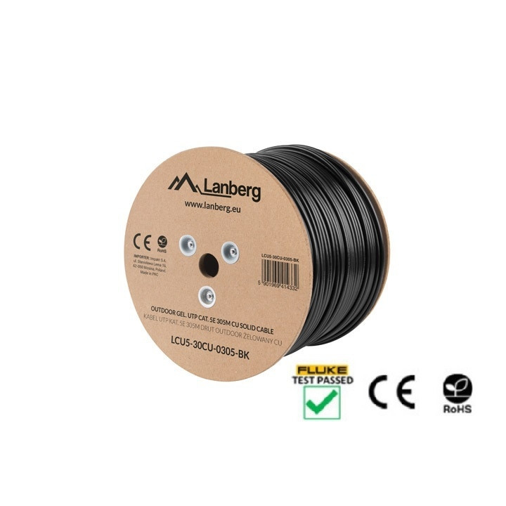 Кабел Lanberg CAT.5e UTP, 305m, Solid Outdoor, Gel-filled Cu, Black - LCU5-30CU-0305-BK - 1