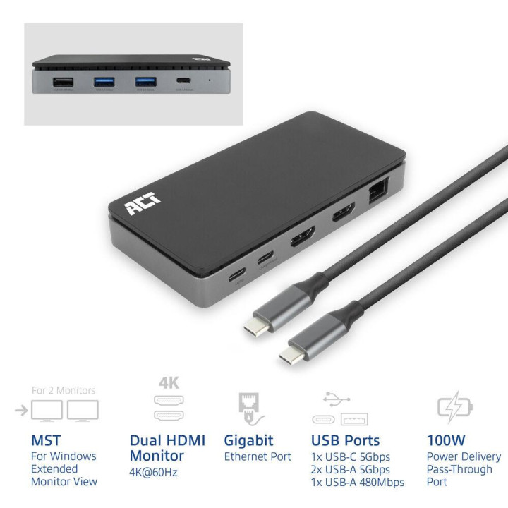 Докинг станция ACT, USB-C, 2x HDMI, Ethernet, 3x USB-A - AC7093