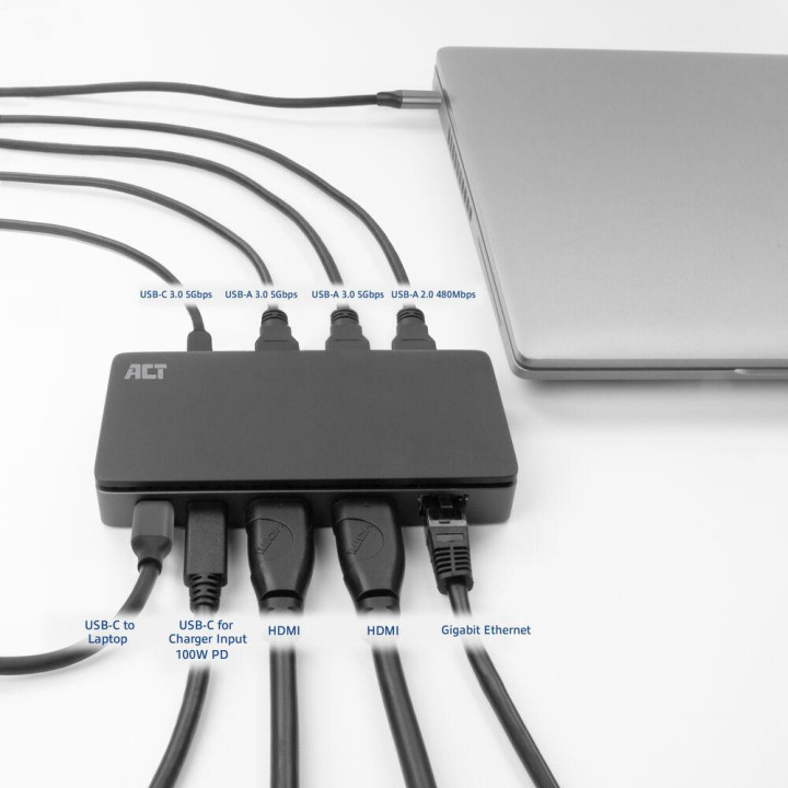 Докинг станция ACT, USB-C, 2x HDMI, Ethernet, 3x USB-A - AC7093