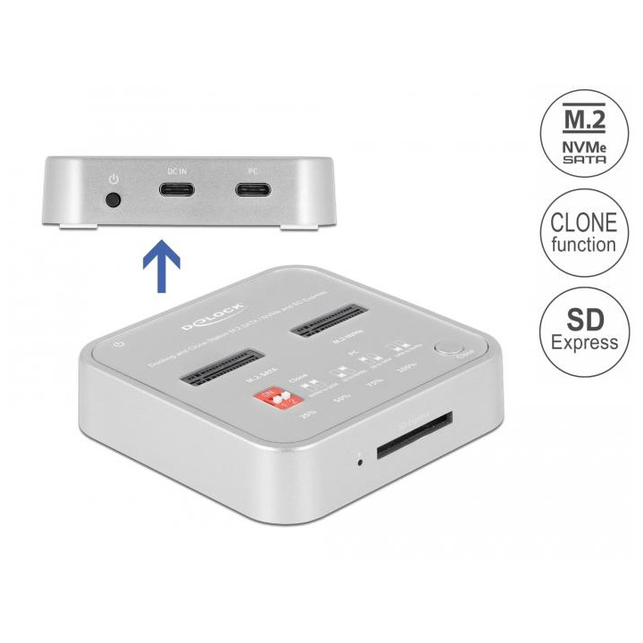 Докинг станция DeLock, SD Express Card Reader, M.2 NVMe/SATA, USB-C - 