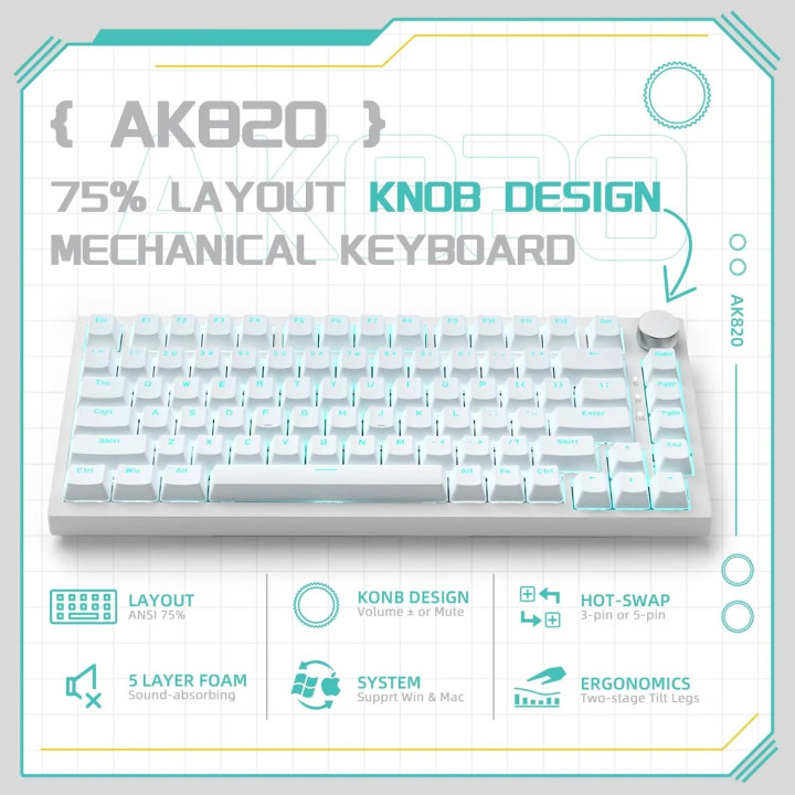 Механична геймърска клавиатура Ajazz AK820, 75%, Blue Switches Linear,