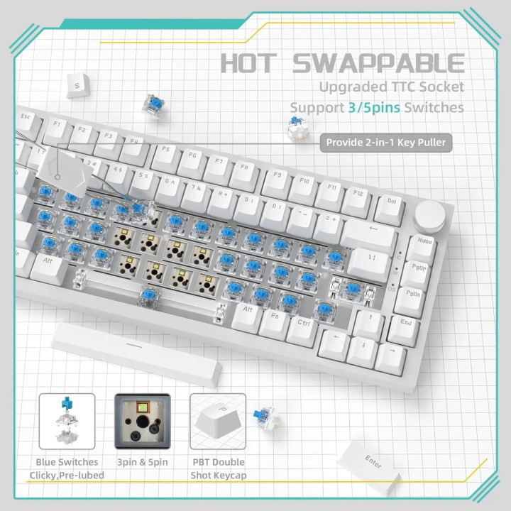Механична геймърска клавиатура Ajazz AK820, 75%, Blue Switches Linear,