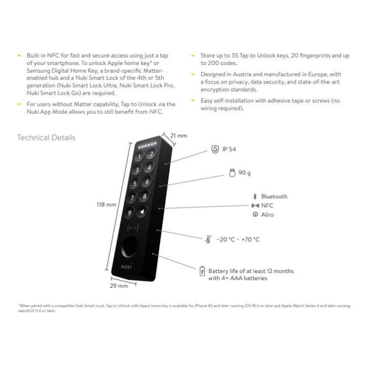 Клавиатура за контрол на достъп Nuki Keypad 2 NFC, Пръстов отпечатък, 