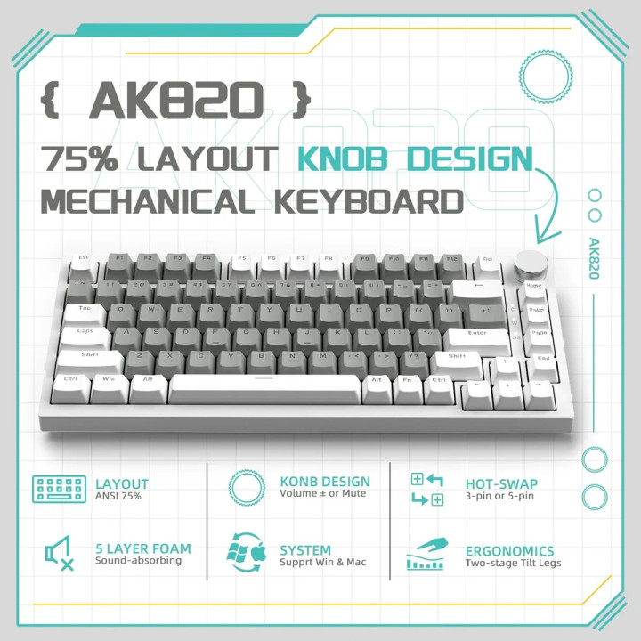Bluetooth механична геймърска клавиатура Ajazz AK820, 75%, USB, Linear