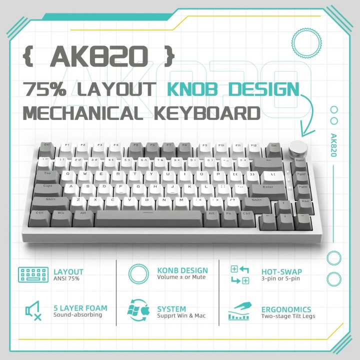 Bluetooth механична геймърска клавиатура Ajazz AK820, 75%, AS Red Swit