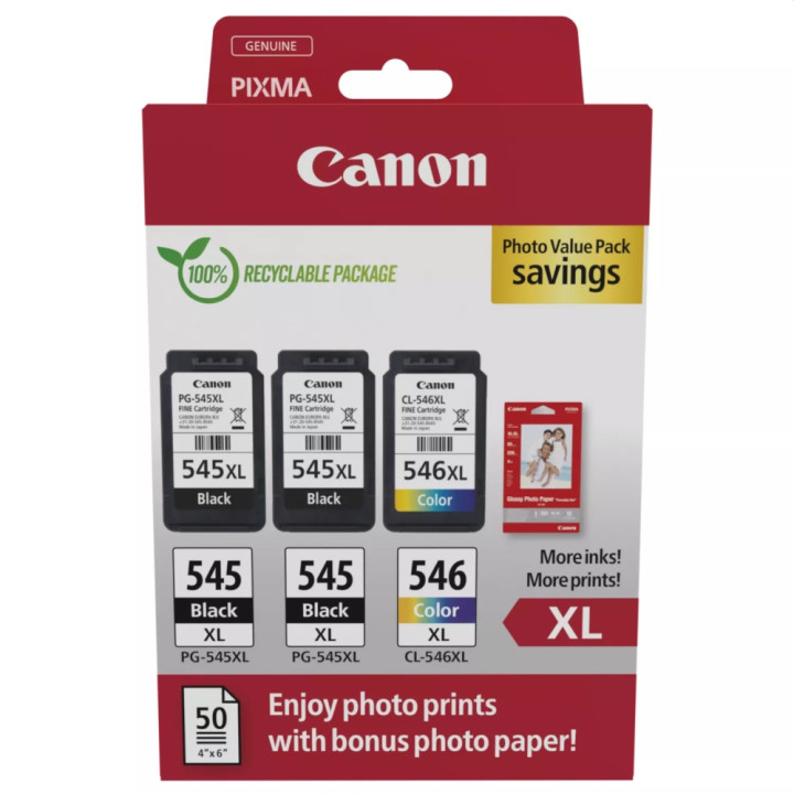 Оригинален комплект мастилени касети Canon PG-545XL/CL-546XL, CMYK, 2x15ml Black + 1x13ml Color, до 400 str. Black/300 str. Colo