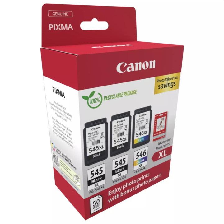 Оригинален комплект мастилени касети Canon PG-545XL/CL-546XL, CMYK, 2x15ml Black + 1x13ml Color, до 400 str. Black/300 str. Colo