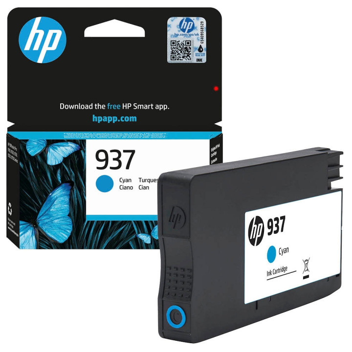 Оригинална черна мастилена касета HP 937 Cyan, съвместим с OfficeJet Pro 9120e/9130e/9720/9730, до 800 страници - 4S6W2NE - 1