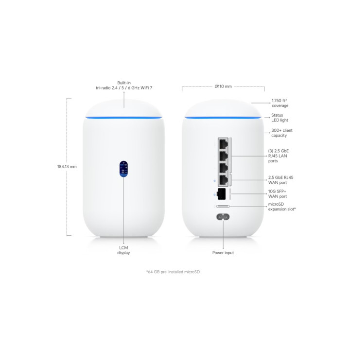Десктоп маршрутизатор Ubiquiti UniFi Dream Router 7 UDR7, 10G SFP+, Quad-core ARM Cortex-A53 1.5GHz, WiFi 6/6E/7, Пасивно охлажд