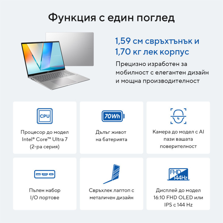 Лаптоп ASUS VivoBook S16 S3607VA-RP161, 16" WUXGA 144Hz IPS, Intel Core 7 240H, 16GB DDR5, 1TB SSD, без OS - 90NB1672-M00BS0 - 3