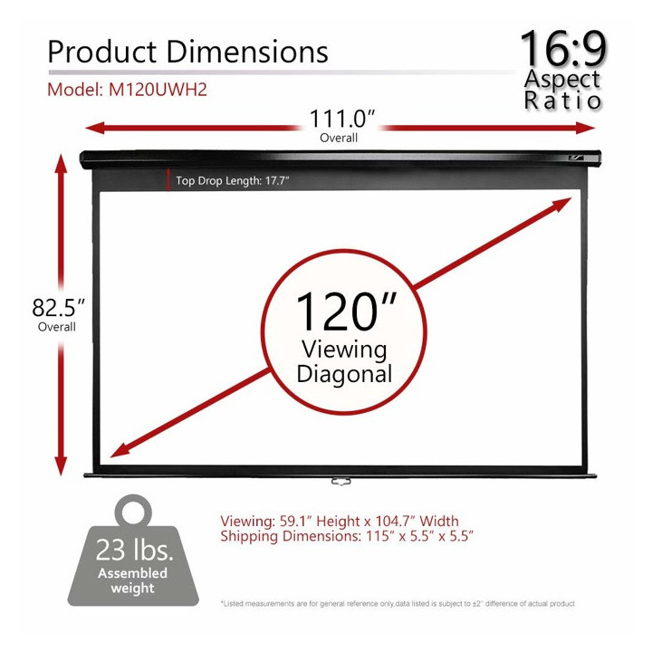 Прожекционен екран Elite M120UWH2, 120" (304.8 см) и формат 16:9. - 2