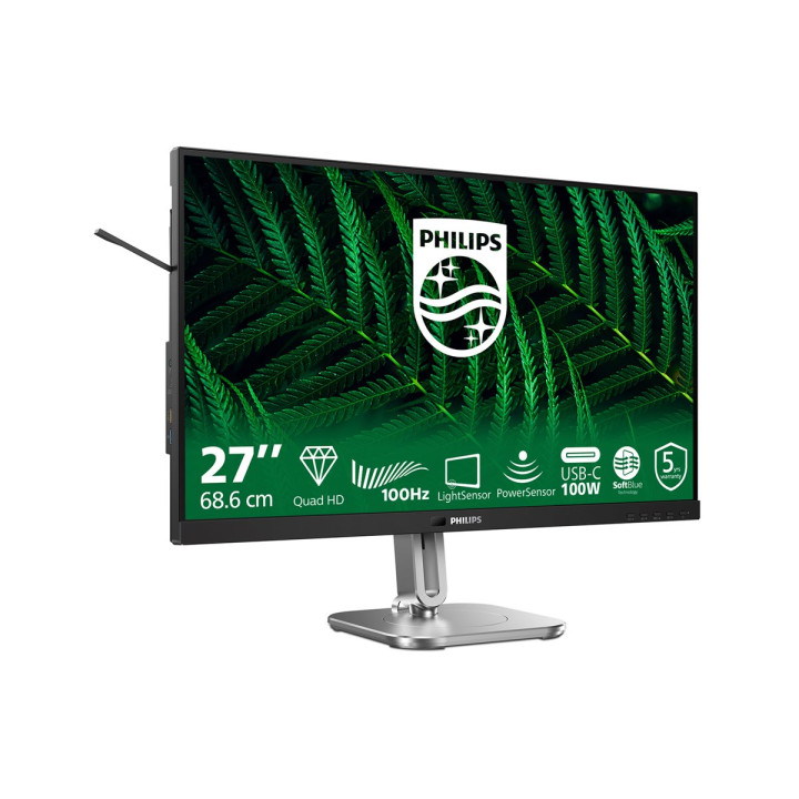 Монитор PHILIPS 27B2G5601/00, 27" QHD IPS 2560x1440 100Hz, докинг USB-C с до 96W захранване, Ethernet - 2