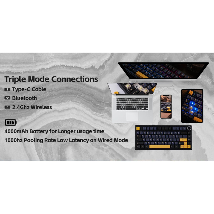 Bluetooth механична геймърска клавиатура Aula F75 Thunder Black, 75%, Reaper Switch Linear, RGB подсветка - F75-THUNDER-RS-BK - 