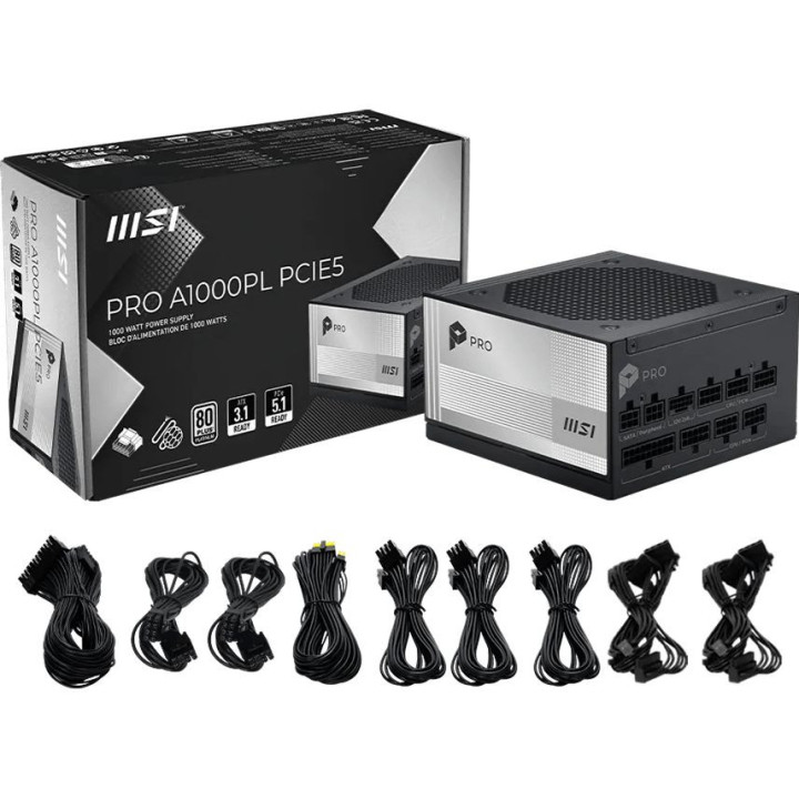 Модулно захранване MSI PRO A1000PL PCIE5, 850W, 80 Plus Platinum - 306-7ZPLX11-HD8 - 1