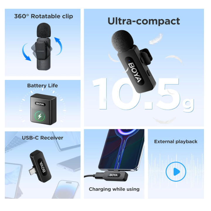 Безжична микрофонна система BOYA BY-V30, USB Type-C, Динамичен, Омнидиректен, 20Hz-16kHz - 6