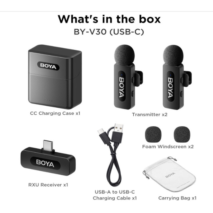 Безжична микрофонна система BOYA BY-V30, USB Type-C, Динамичен, Омнидиректен, 20Hz-16kHz - 8