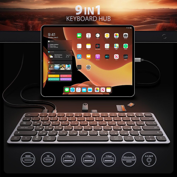 Клавиатура нископрофилна AXAGON HMC-KB-CRL, USB-C 5Gbps, 9-в-1 хъб, HDMI, USB-A портове, PD захранване - 2