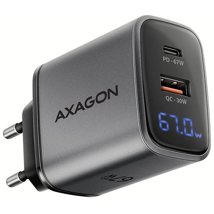 Зарядно AXAGON ACU-PQ67D, 67W USB-C PD3.0 & QC4+2xОUTPUTS LCD дисплей - 1