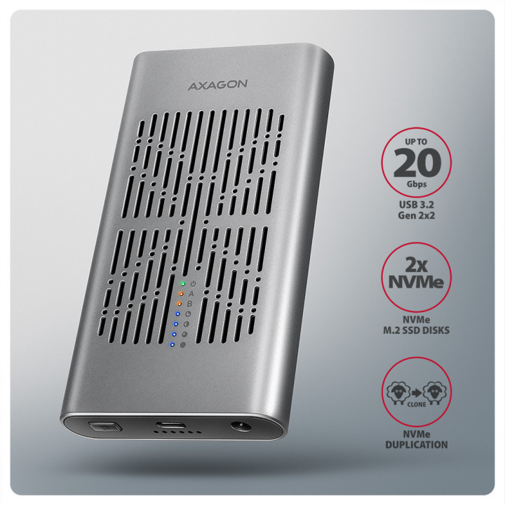 Външна кутия за NVMe SSD AXAGON EEM2-20GD, USB-C 20Gbps двойна M.2 слот с функция клониране - 2